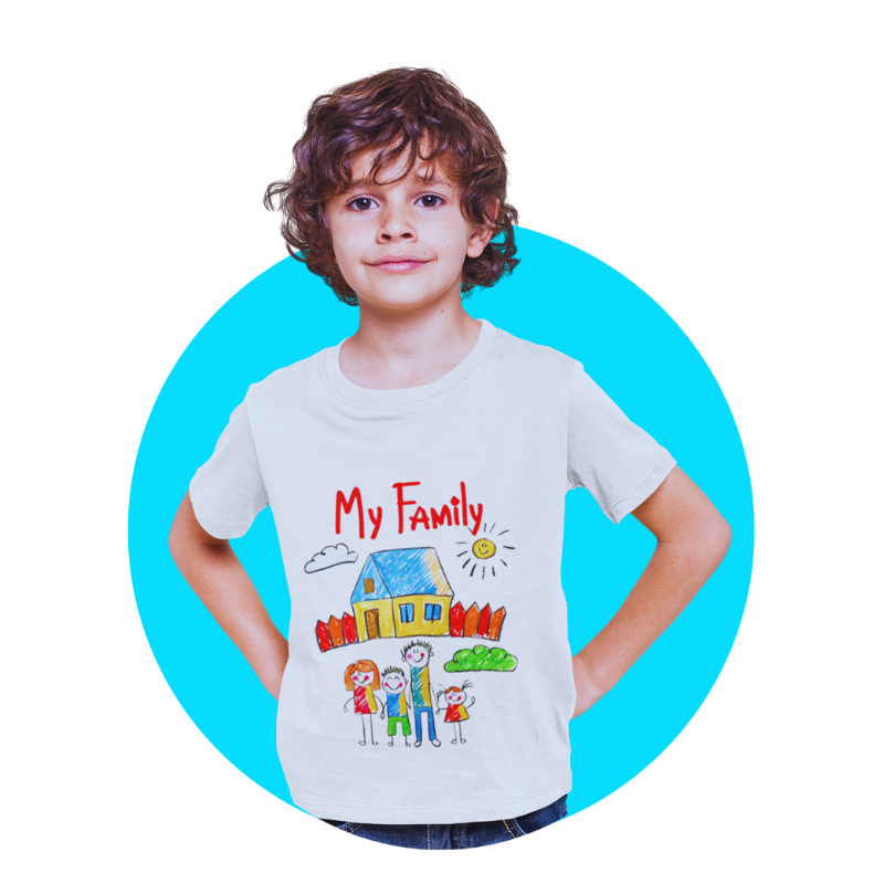 A boy in a white 'My Family' t-shirt featuring a hand-drawn family with a house and sun.