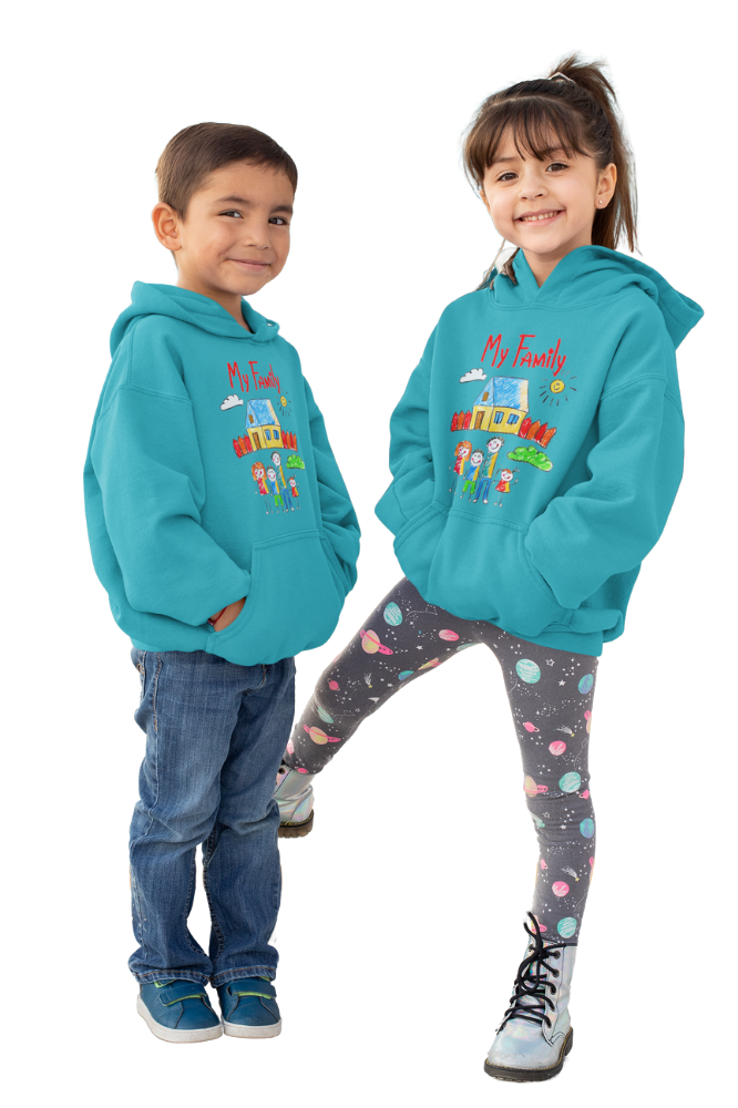 Two children wearing matching hoodies with a "My Family" design, posing playfully.