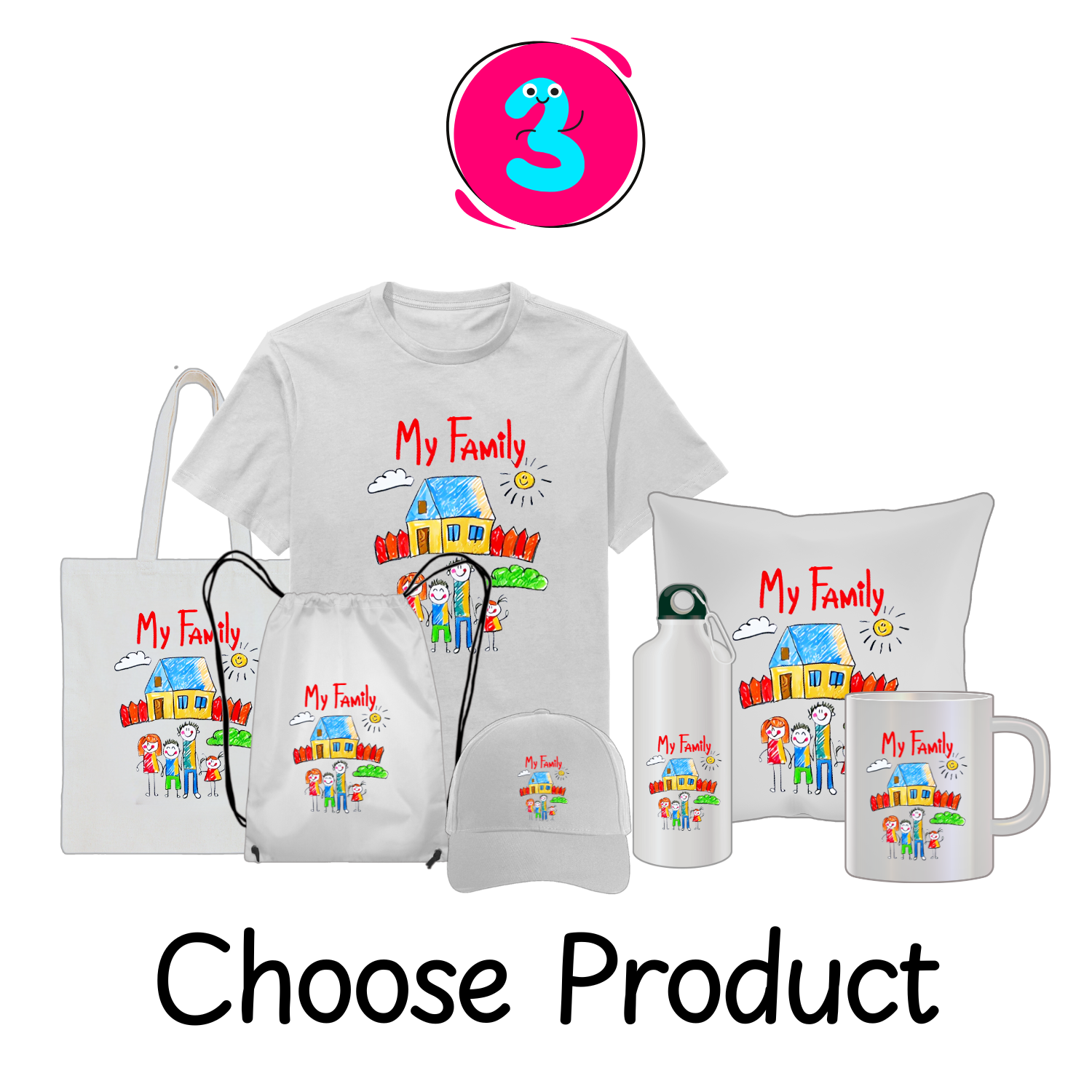 A variety of products featuring the family drawing, including a t-shirt, mug, and bag.