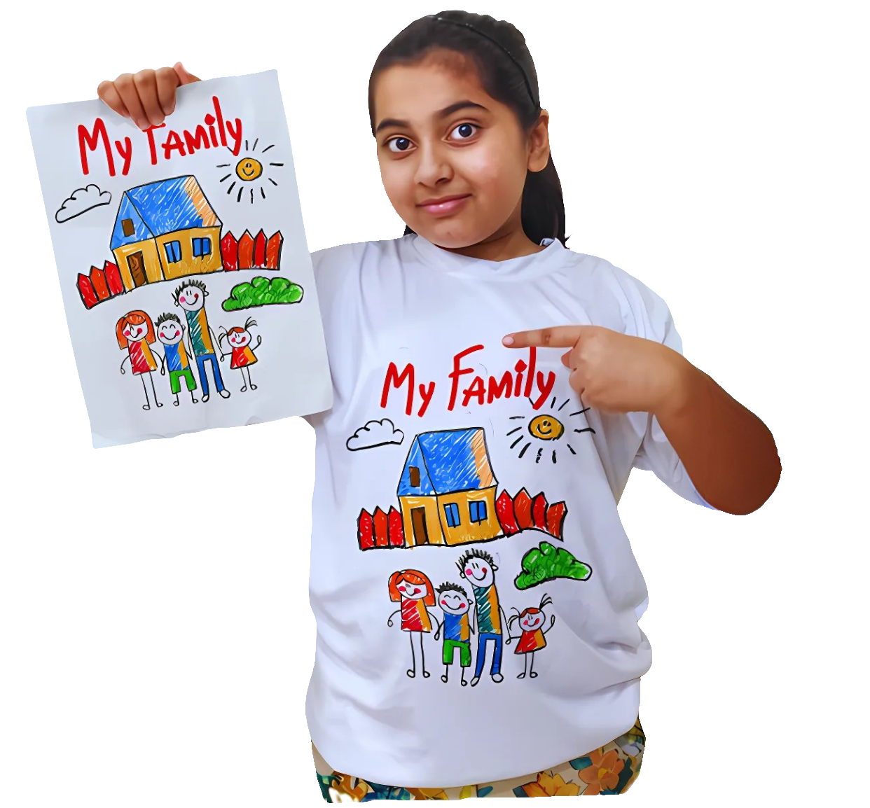 Child pointing to a drawing of a family on a t-shirt, holding a paper with the same drawing.