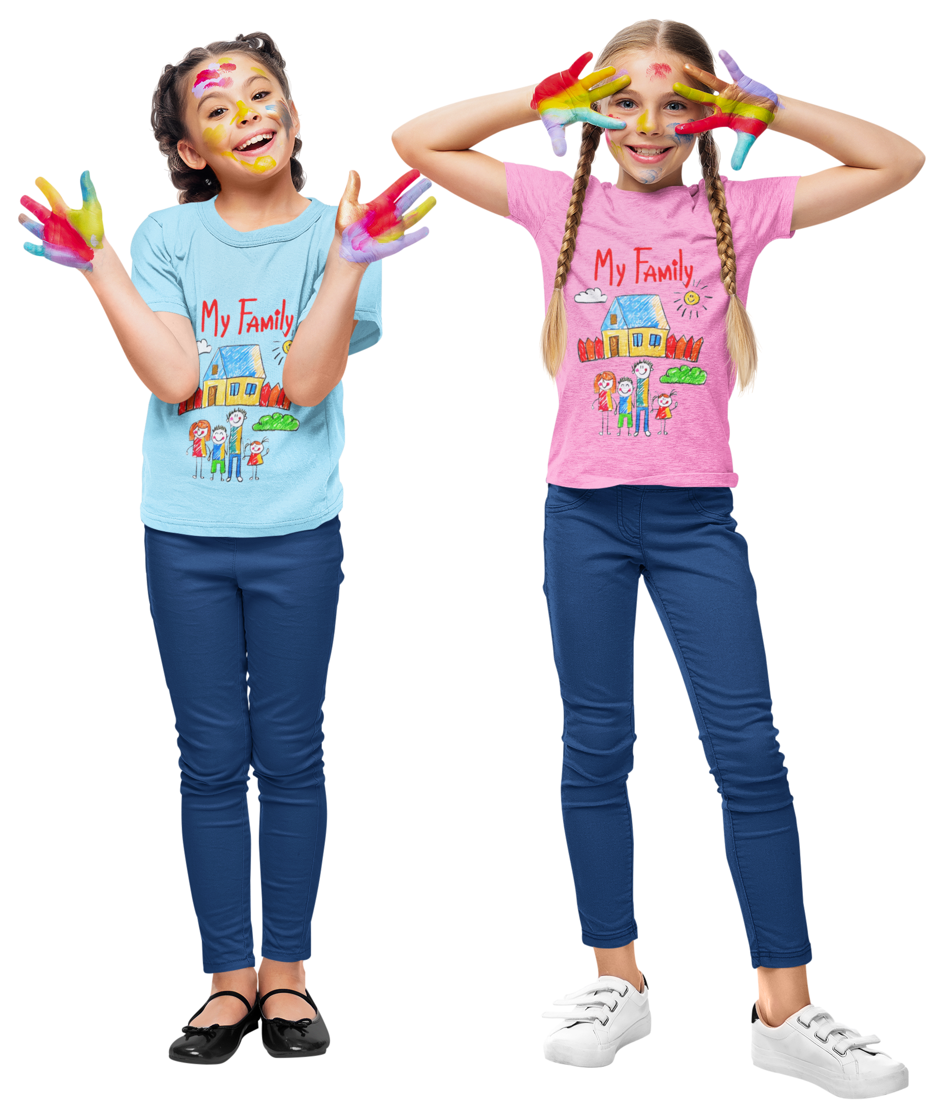 Two girls wearing "My Family" t-shirts with colorful handprints on their hands.