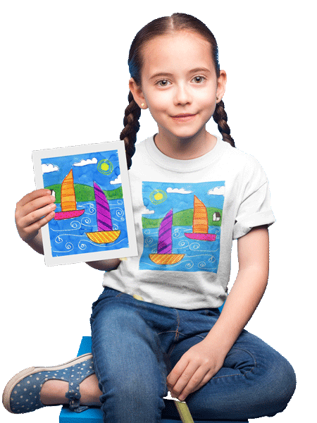 Girl holding a drawing of colorful sailboats, wearing a matching t-shirt with the same design.