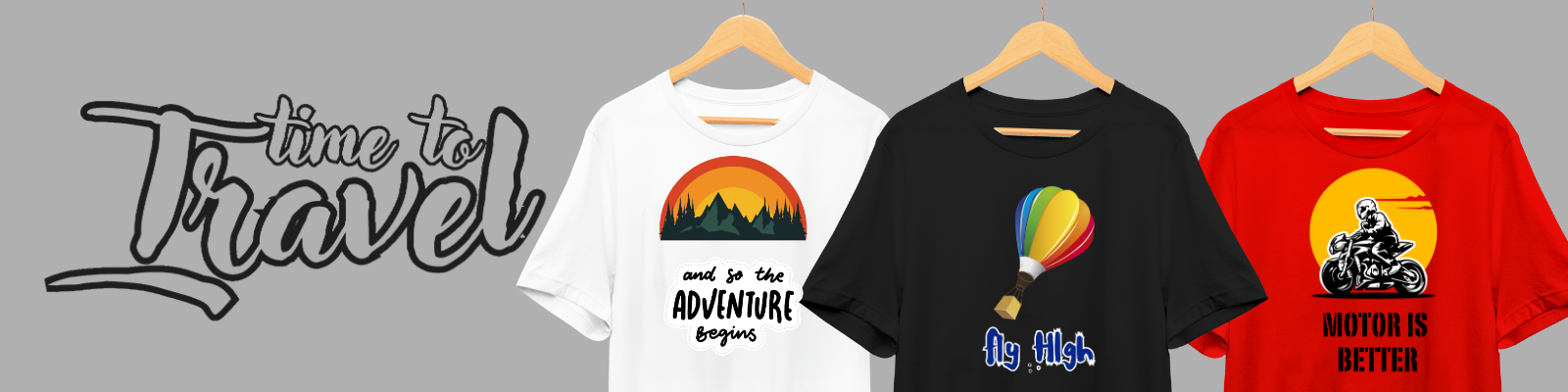 T-shirts with travel themes like mountains, hot air balloons, and motorbikes.