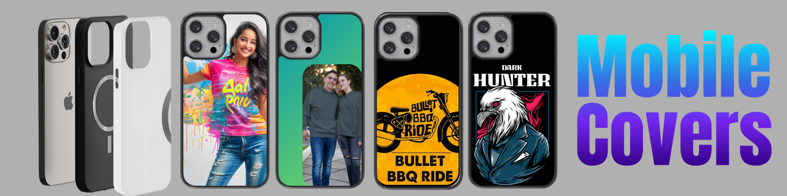 Mobile phone covers with various designs and colors.