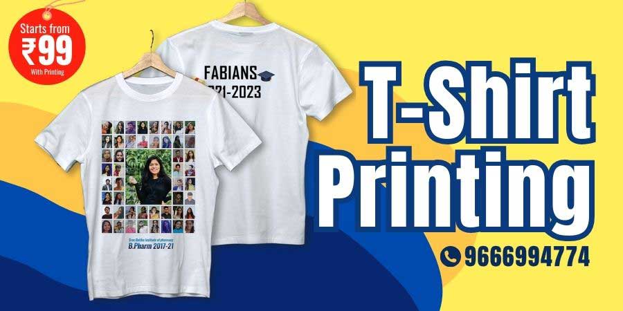 T-shirt printing ad with a focus on starting at ₹99 with printing.