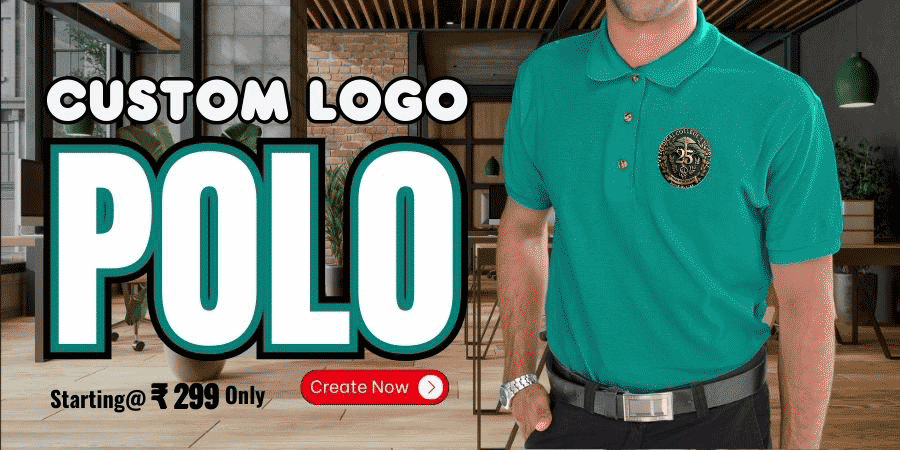 Custom polo shirts with a logo, starting from ₹299.