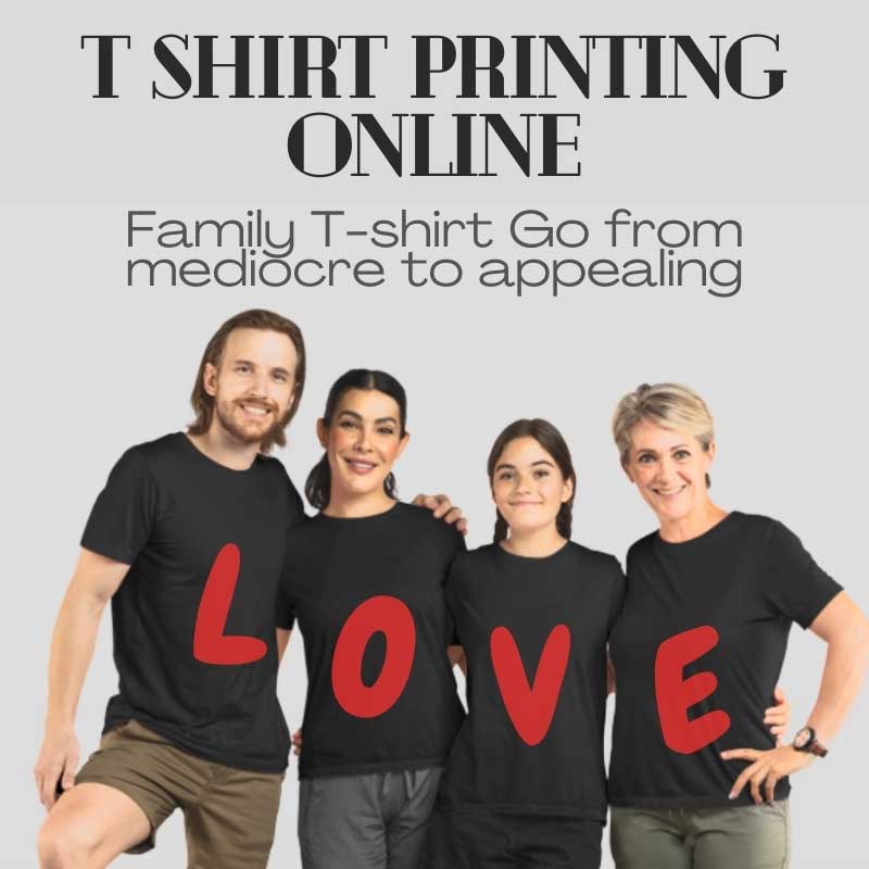 Banner offering online custom T-shirt printing with various designs.