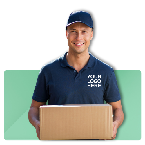 Workwear category logo with a delivery man holding a box, and space for custom logo.