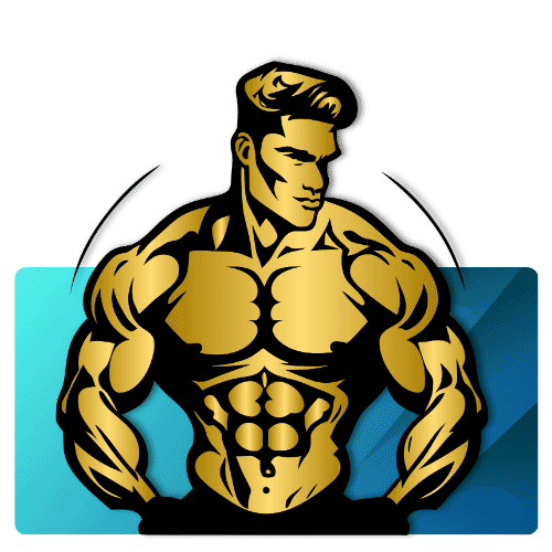 Gym category logo with a muscular man flexing in golden color.