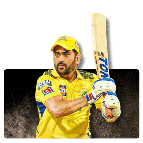 Cricket category logo with MS Dhoni in a yellow CSK jersey holding a bat.