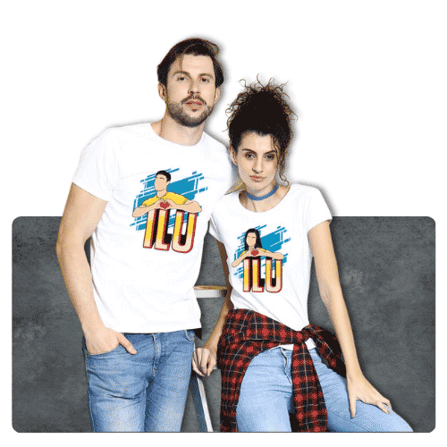 Couple category logo featuring a man and woman wearing matching t-shirts with a 'ILU' design.