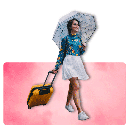 Travel category logo with a woman carrying a suitcase and an umbrella.