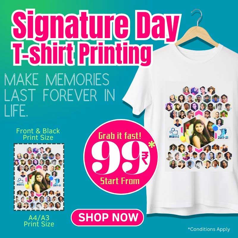 Advertisement for signature day custom t-shirt printing.