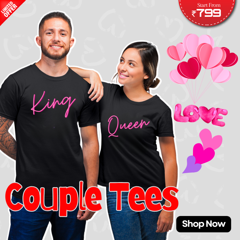 Matching couple T-shirts with heart designs for couples.