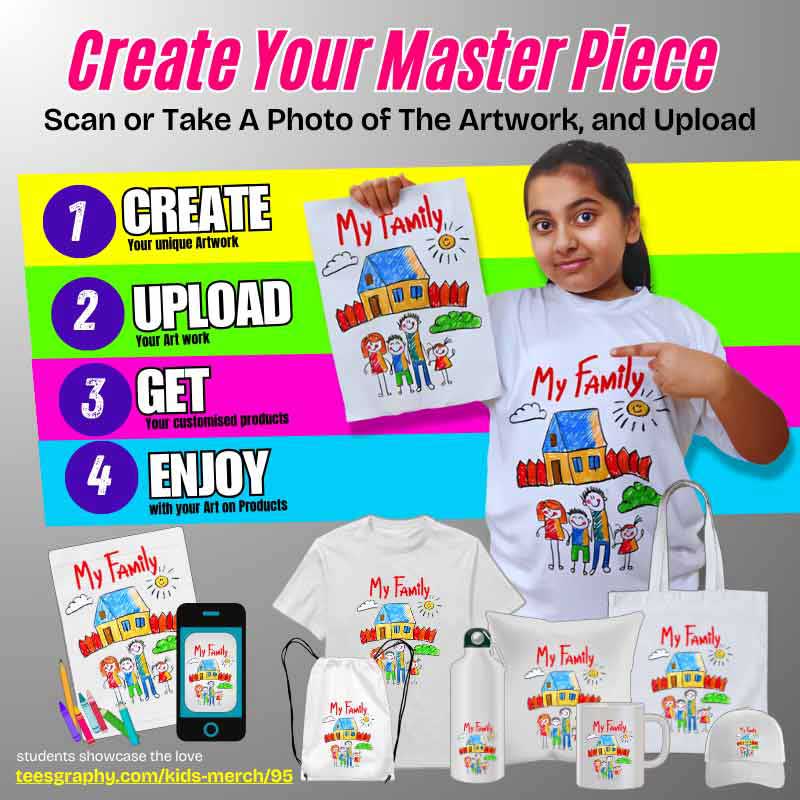 Kids artwork turned into custom t-shirts, bags, and more.