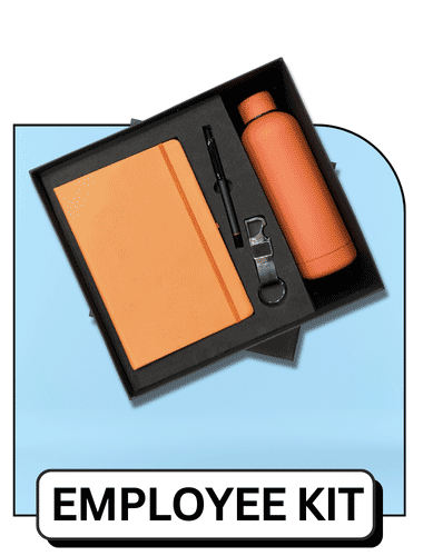 Orange employee kit with bottle, notebook, and pen.