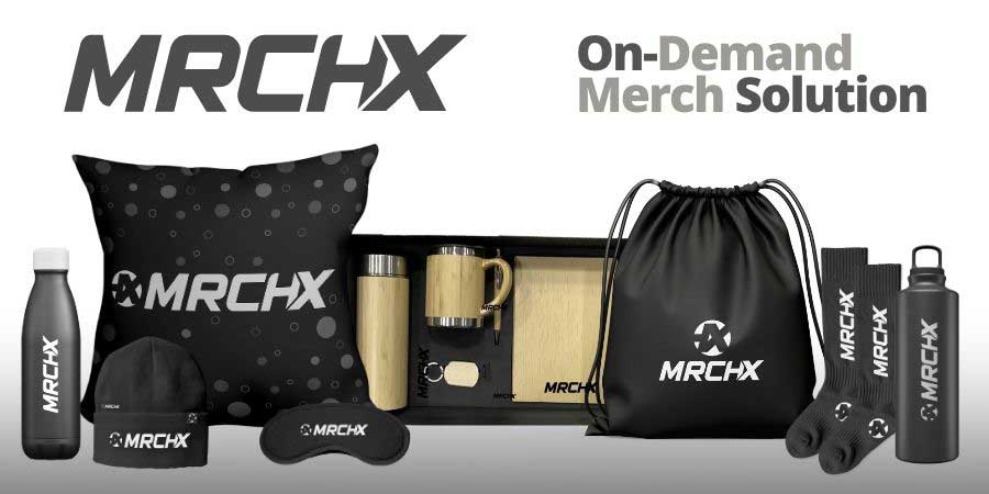 MRCHX brand with a variety of merchandise like t-shirts, mugs, and bags.