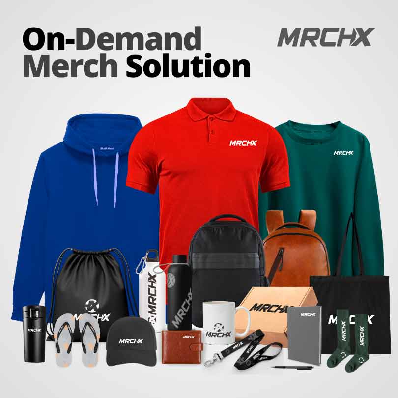 Various MRCHX merchandise including clothing, water bottles, and accessories.