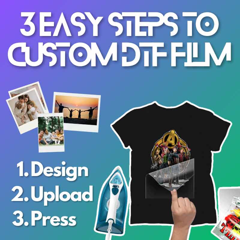 Banner with 3 easy steps for custom DTF film printing on T-shirts.