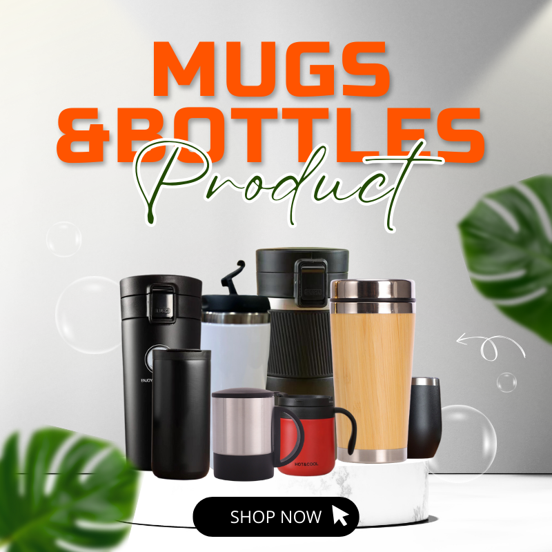 Product banner featuring mugs and bottles with different designs.