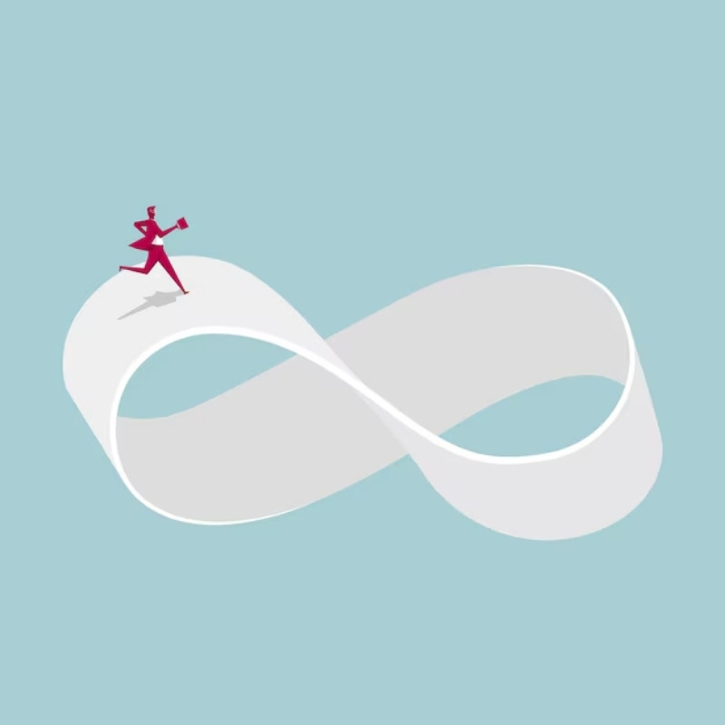 A man running on an infinity symbol, symbolizing endless possibilities.