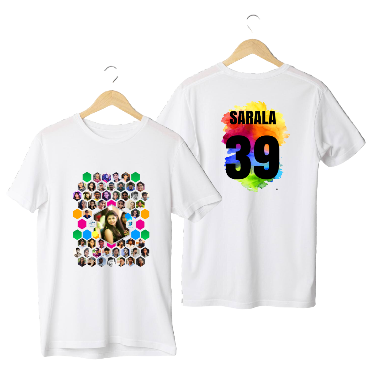 Custom Signature T-shirt with hexagonal photo collage and personalized name and colorful number on the back.